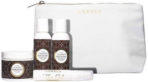 LaLicious Sugar Coconut Travel Set - Whipped Sugar Scrub, Shower Gel/Bubble Bath, Body Butter & Body Oil in a Luxe Velour Makeup Bag (4 Piece Kit)