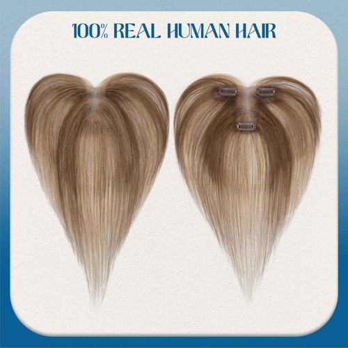 SLEEKALON Hair Topper with Side Bangs Human Hair Curtain Bangs Topper for Women, T-part Lace Base Real Human Hair Topper Hair Piece for Daily Wear(Side Bangs,Medium Brown & Dark Blonde)