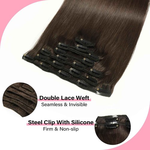 WOWANGEL Clip in Hair Extensions Human Hair,24" Seamless Clip Ins No Damage,7pcs 120g Remy Hair Reusable for Daily Styling,Weddings,Events,Dark Brown(2#)