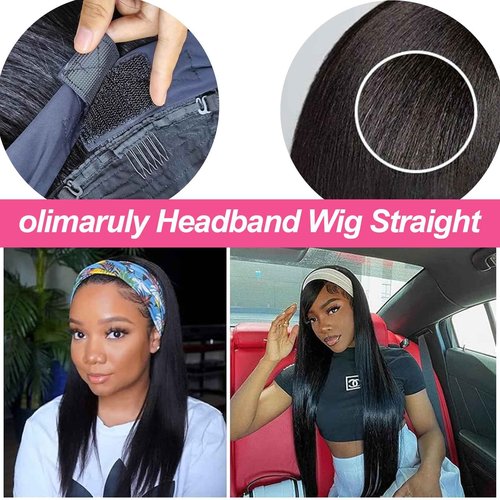 olimaruly Straight Headband Wig Human Hair Wear and Go No Lace Machine Made 24 Inch Straight Headband Wig Glueless 180% Density Headbands Wigs Human Hair Natural Black Color