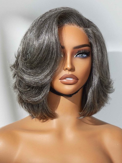 LUVME HAIR Salt & Pepper Layered Bob Glueless Pre-Cut Lace Wig Gray Wigs For Women Short Grey Hair Glueless Bob Wigs Pre Plucked Pre Cut Pixie Cut