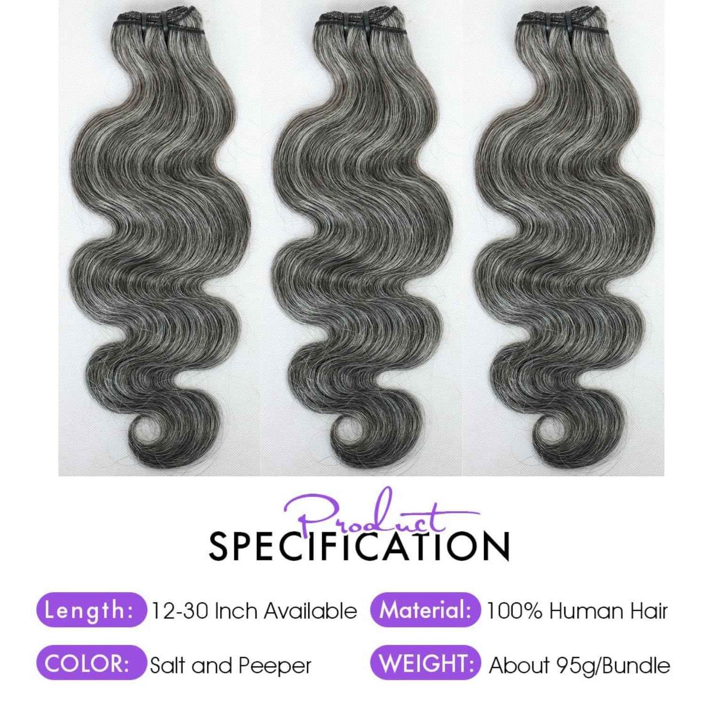 Grey Bundles Human Hair 10 12 14 Inch Salt and Pepper Body Wave Human Hair White Grey Wet and Wavy 3 Bundles Human Hair Extensions 100% Unprocessed 12A Brazilian Hair for Black Women