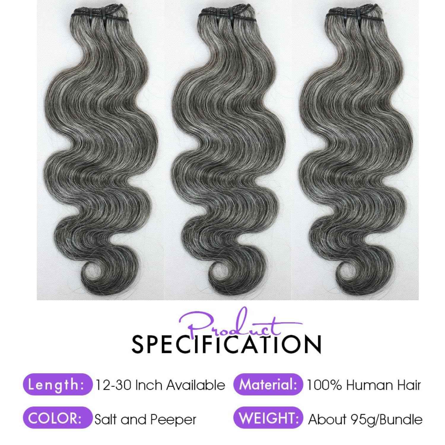 Grey Bundles Human Hair 10 12 14 Inch Salt and Pepper Body Wave Human Hair White Grey Wet and Wavy 3 Bundles Human Hair Extensions 100% Unprocessed 12A Brazilian Hair for Black Women
