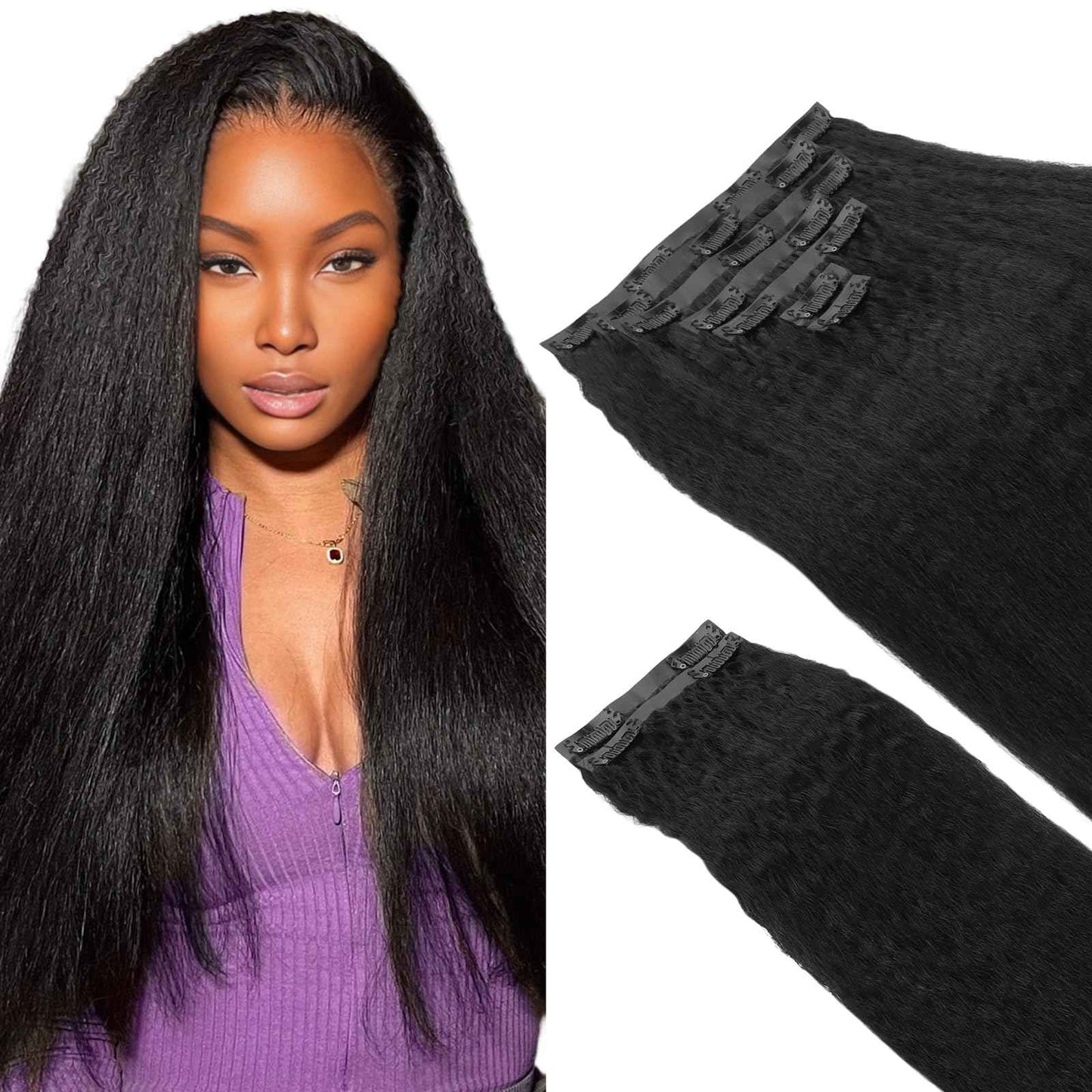 IDN BEAUTY Seamless Clip In Hair Extensions Human Hair, Kinky Straight 16 Inch 130g 9pcs Natural Black Remy Virgin Human Hair Seamless Clip Ins For Black Women PU Weft Invisible Edge