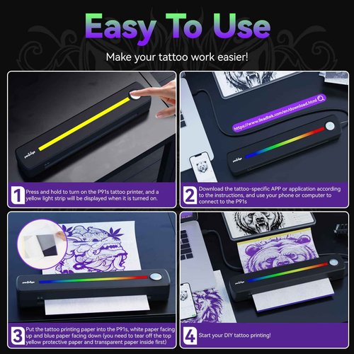 PeriMonkey P91s AI Tattoo Stencil Printer with Stencil Paper and Rainbow Light Strip,Wireless Thermal Tattoo Printer for Phone & PC