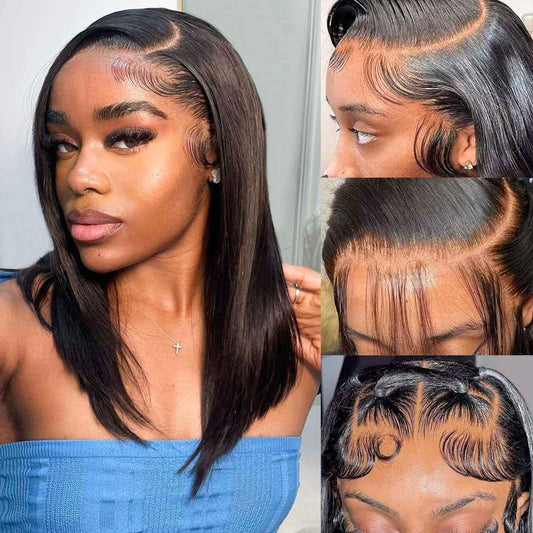 HIRIREMY Bob Wig Human Hair 13x4 HD Lace Frontal Short Straight Lace Front Bob Wigs for Black Women Human Hair Pre Plucked Glueless Side Part 180% Density Black Color 16 Inch