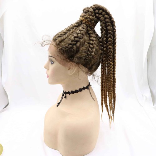 Sylvia Dutch Braided Brown Wigs Mixed Brown Braided Hand Made Wig 8x Twist Braids Synthetic Braid Lace Front Wigs For Women Hair 100% Hand Made High Ponytails Lace Braids Wig…