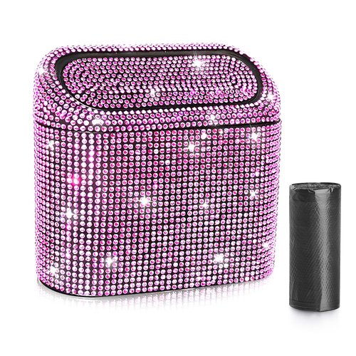 Accmor Bling Car Trash Can with Lid, Vehicle Trash Bin Car Dustbin Garbage Organizer Storage, Sparkling Crystal Mini Auto Trash Bags Holder Container with 30pcs Garbage Bags for Cars, SUV, Truck