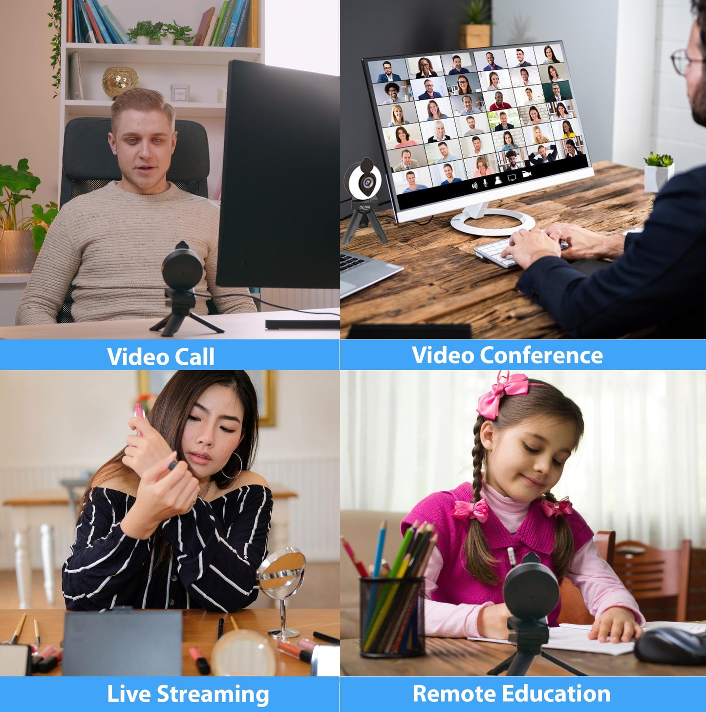 Ziqarr FHD 1080p All-in-One Webcam with Light and with Built-in Noise Reduction Microphone, Privacy Cover, Mini-Tripod and 110° Field of View for Streaming, Conferencing, Meetings and Gaming