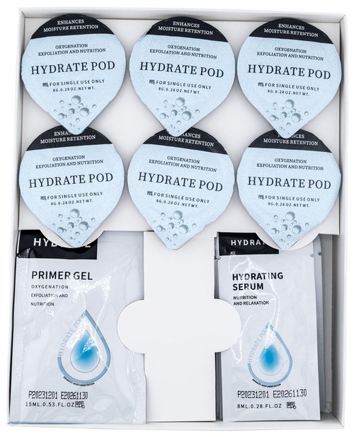 Hydrate Pods - Oxygen Facial CO2 Therapy, Home Facial, 6 Pods + 6 Primer Gel + 6 Serum After Treatment (New Formula Less Foam)