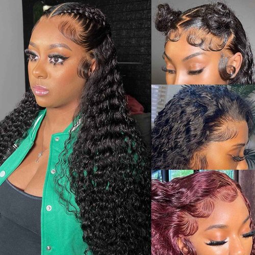 Bling Hair 28 Inch Deep Wave Frontal Wig Human Hair Pre Plucked Glueless Human Hair Wigs for Women 13x4 HD Lace Front Wigs Human Hair Deep Wave Wig 180% Density Natural Hairline Closure Wigs Black Wig