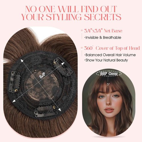 Hairro Mono Hair Toppers with Bangs, 3.4" x 3.4" Mono Base 100% Real Human Hairpieces for Women, 150% Density Clips In Topper for Greyish Thinning Hair, 10 Inch Dark Brown