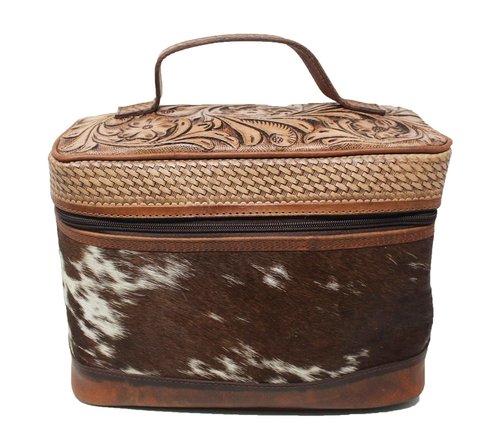 CHALLENGER Western Antique Floral Tooled Leather Hairon Cosmetic Dopp Kit Toiletry Train Bag 18SKT15