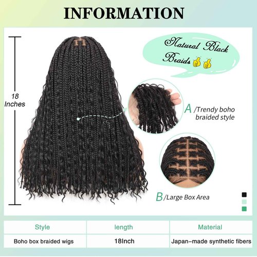 Fecihor 18" 13x8 Inch HD Lace Front Boho Box Braided Wigs Short Knotless Braid Wig for Women Full Braided Lace Front Wig With Baby Hair Balck Natural Color