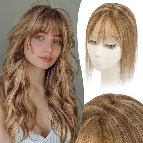 S-noilite Hair Toppers for Women with Bangs Real Human Hair 360° 3D Cover Clip in Bangs 2X6 Coverage Clip in Hairpiece for Women with Thinning Hairline 14Inch (Medium Brown/Dark Blonde)