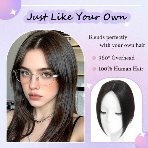 Hair Toppers for Women Real Human Hair， 360° 3D Cover Hair Topper Clip in Bangs 10 Inch Realistic Scalp Pieces for Women with Thinning Crown (Dark Brown, Side Bangs)