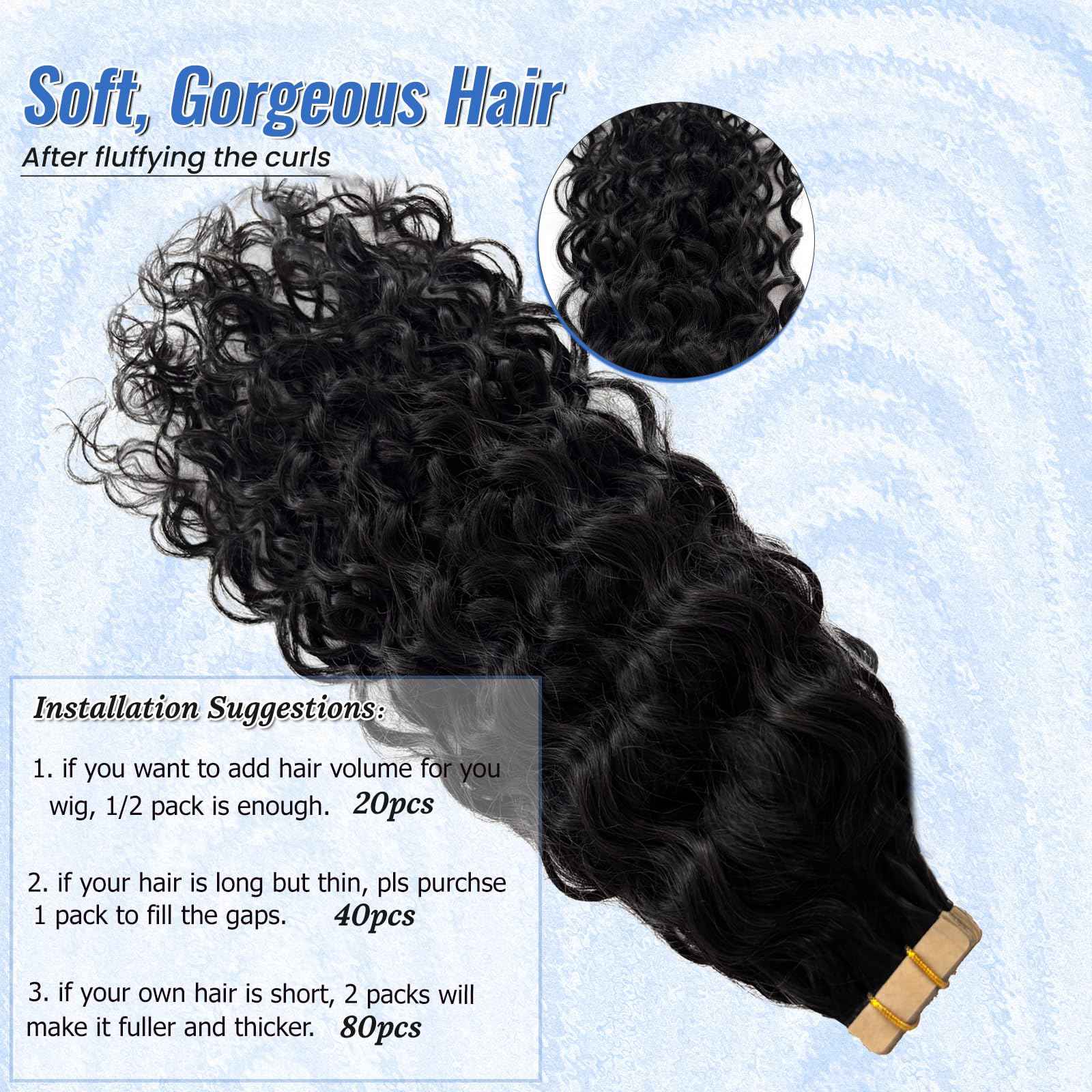 Long Curly Wave Tape in Hair Extensions Natural Color 22 Inch Water Wave Tape in Human Hair Extensions 40PCS 100G Thick and Full Invisible Tape ins Water Wave Real Remy Human Hair Pieces Black