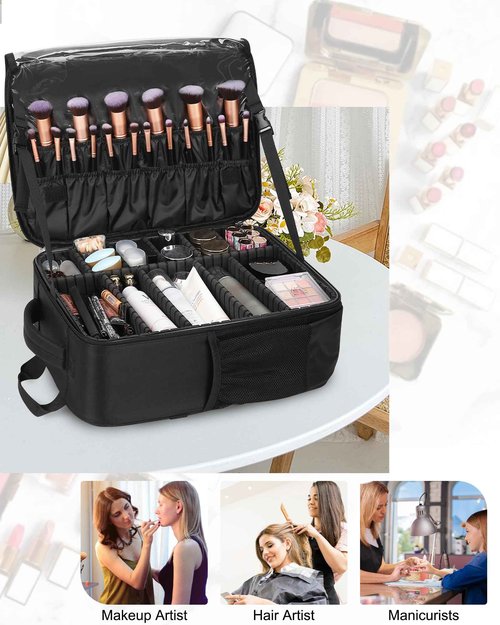 Relavel Makeup Backpack, Professional Travel Train Case Makeup Artist Kit Set Bag for Women Extra Large Cosmetic Organizer, Brush Storage Holder, with Adjustable High Dividers, Black