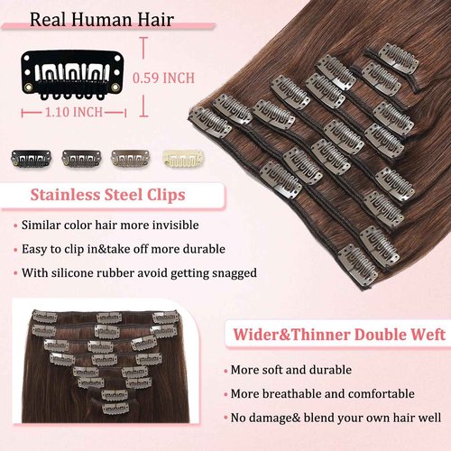 Clip in Hair Extensions Real Human Hair Clip in Extensions for Women Seamless Invisible Chocolate Brown Natural Remy 100% Human Clips ins Extension 8pcs Double Weft 18 inch 3.5oz/100g