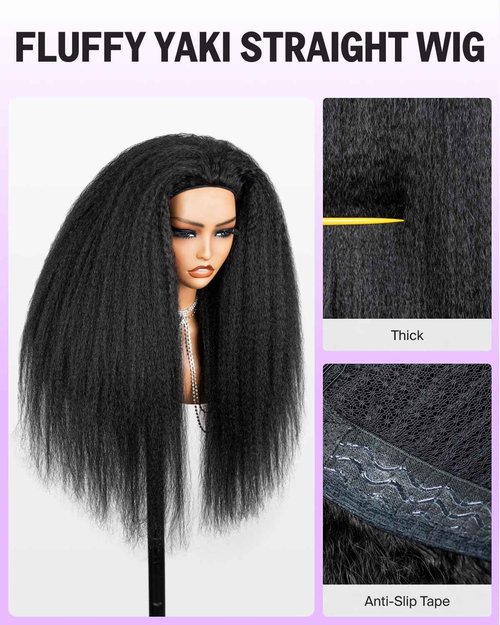 Megalook hair Kinky Straight Half Wig Human Hair Yaki Straight Glueless Wigs Human Hair 200% Density No Lace Drawstring Ponytail Headband Wig 3 In 1 Beginner Friendly Seamless Clip In Wigs 22 Inch