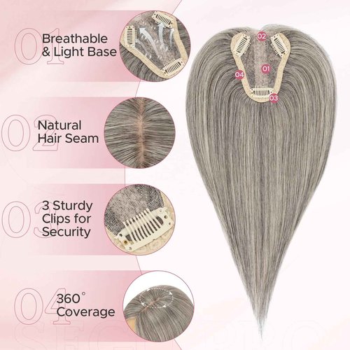 SEGO Pro Hair Toppers for Women Real Human Hair with No Bangs 3.1×3.9 Inch Silk Base Clip-In Topper Natural Looking Hairpieces for Women（12 Inch,Light Grey）