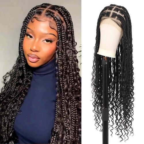 Esnccur 360° HD Full Lace Knotless Boho Braided Wigs for Women Box Braid Wig with Baby Hair Premium Synthetic Braided Lace Front Wigs Black 36 Inch