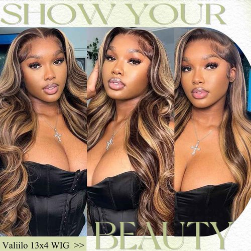 Valiilo Ombre Lace Front Wigs Human Hair 13x4 Highlight 4/27 Body Wave Wig Pre Plucked Honey Brown Blonde Wig Human Hair with Free Part 180% Density Glueless Colored Wig for Women 22 Inch
