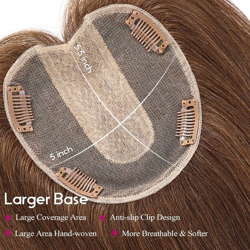 EMMOR Real Human Hair Topper for Women, Breathable Handmade Base with 3 Non-Slip Clips,100% Human Hair for Women, Top Hairpieces for Thinning Hair & Natural Looking