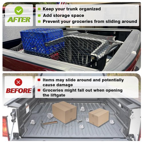 Muslogy Truck Bed Cargo Net Compatible with Pickup Truck Bed Organizer Stretchable 4'x4' to 7'x7' High Elastic Heavy Duty Upgraded Reinforced Storage Net with 10 Metal Carabiners (Single Layer)