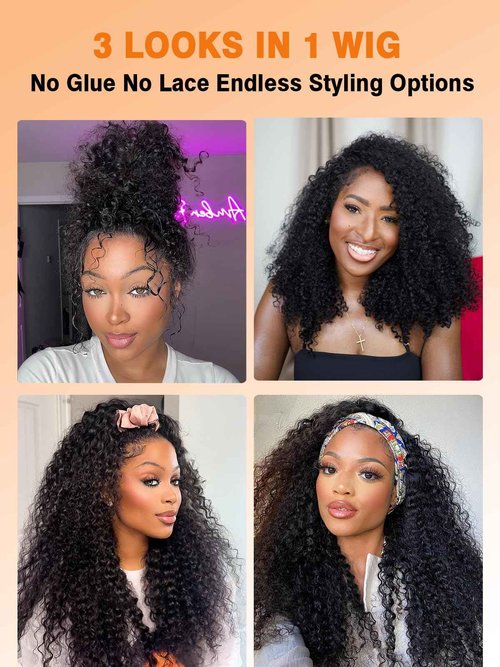 MIMOSHOU Kinky Curly Half Wig Human Hair 16Inch 250% Density 3 In 1 Seamless Flip Over Half Wigs for Women Wear and Go Glueless Headband Wig Human Hair Drawstring Beginner Friendly