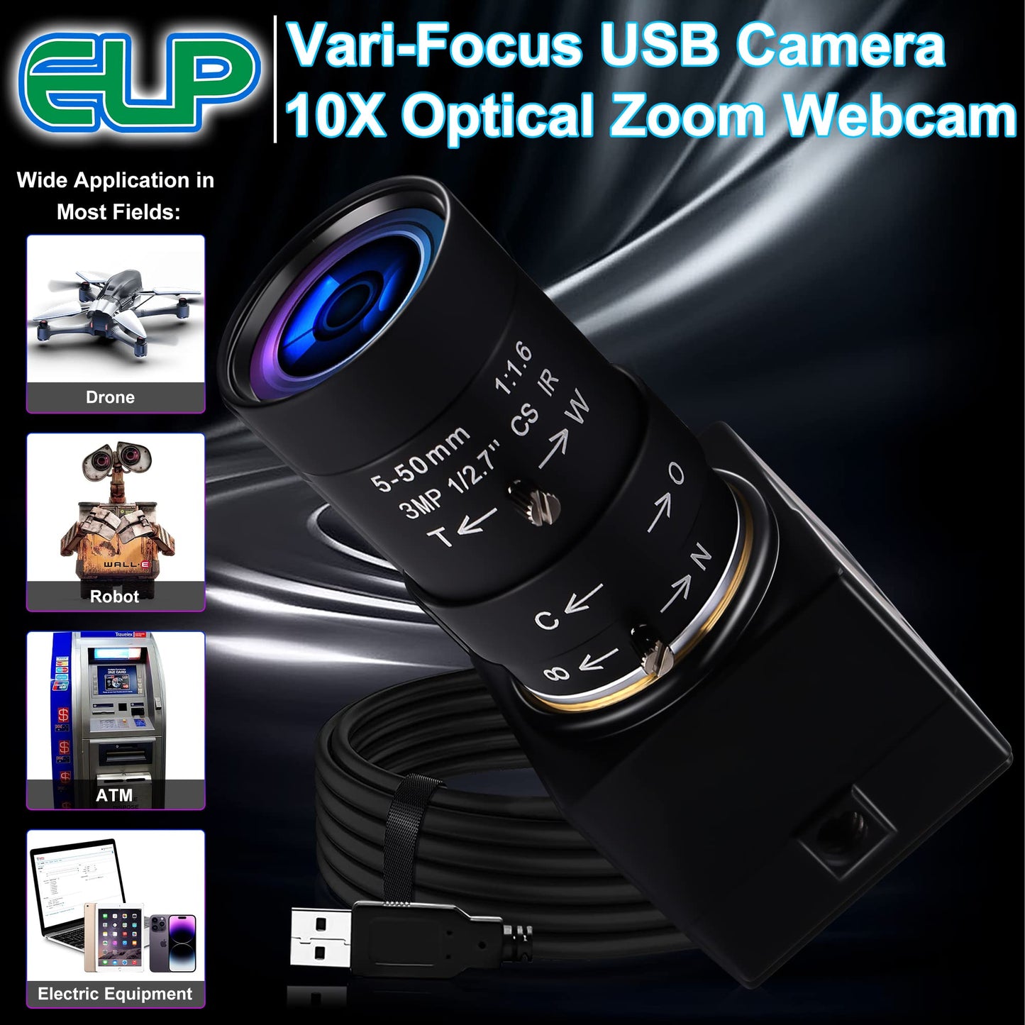 8MP USB Camera Manual Zoom 5-50mm Lens Webcam Variable Focus PC Camera Mini UVC USB2.0 USB with Camera for Computer IMX179 Close-up Camera Varifocal Web Camera with Zoom for Raspberry Pi Laptop