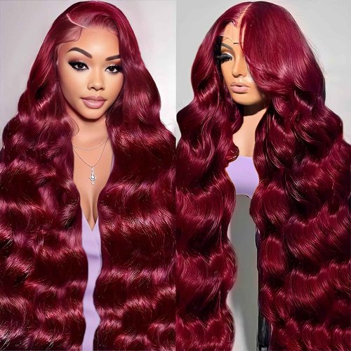 AYMMOLI 28 Inch 99j Burgundy Lace Front Wigs Human Hair 13x4 HD Red Burgundy Wig Human Hair 200 Density Wine Red Body Wave Lace Front Wigs Pre Plucked Glueless Frontal Wigs for Women
