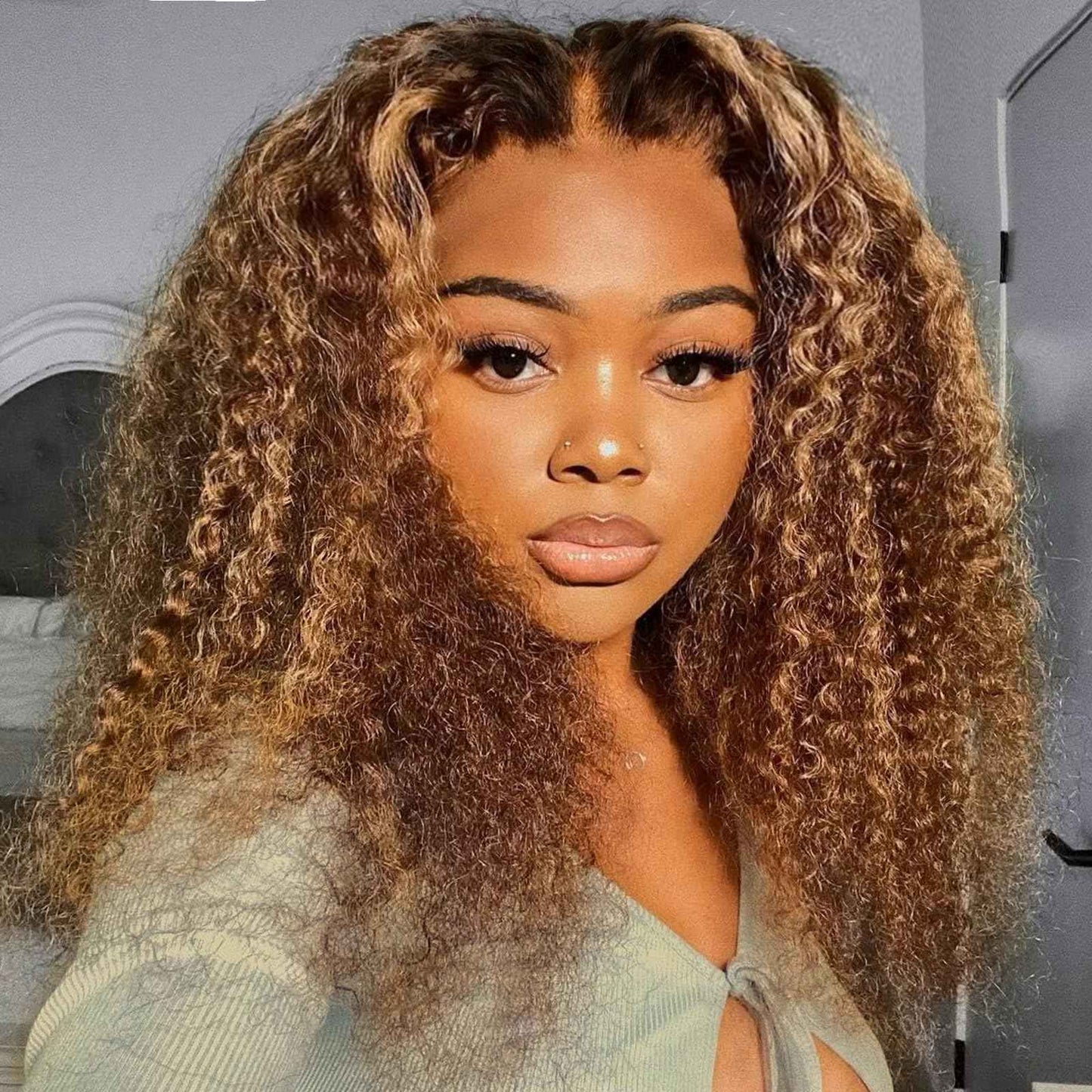 4/27 Bob Wig Human Hair 13x6 HD Transparent Lace Front Wigs Highlight Ombre Deep Curly Frontal Wigs Human Hair Pre Plucked Human Hair Wigs for Women 200% Density 18 Inch