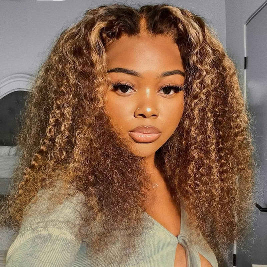 4/27 Bob Wig Human Hair 13x6 HD Transparent Lace Front Wigs Highlight Ombre Deep Curly Frontal Wigs Human Hair Pre Plucked Human Hair Wigs for Women 200% Density 18 Inch