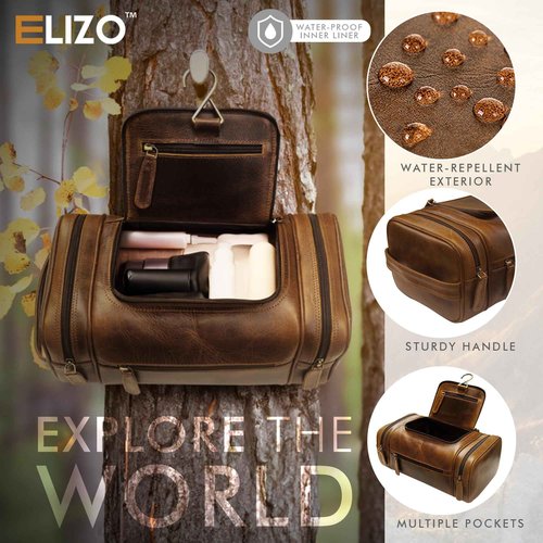 ELIZO Genuine Leather Toiletry Bag for Men Mens Toiletry Bags for Traveling Waterproof Hanging Leather Dopp Kit w/Hook Extra largeToiletry Bag Travel Organizer for Toiletries
