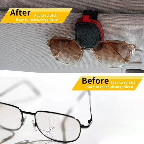 Yuoyar Sunglass Holder for Car, Magnetic Leather Sunglasses Holder and Ticket Card Clip, Car Visor Accessories, 2 Packs (Black-red)