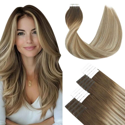 SURNEL Tape in Human Hair Extensions Balayage Walnut Brown to Ash Brown and Golden Blonde Tape in Hair Extensions 22 inch 20pcs 50g(#3/8/22-22)