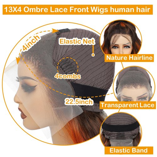 LAINSS 13x4 Highlight Ombre Lace Front Wig Human Hair Ginger Brown Body Wave HD Transparent Lace Frontal Wigs Pre Plucked Human Hair for Women P4/350 Colored Lace Front Wigs 180% Density 20Inch