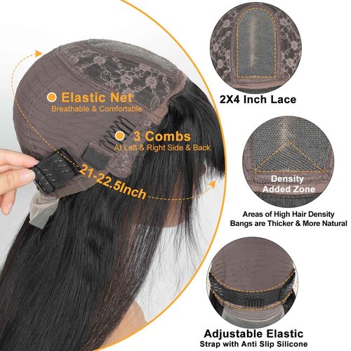 Ruiyu Ombre Highlight Human Hair Wigs with Bangs 2x4 HD Lace Front Brown Glueless Wig with Highlights Honey Blonde 4/27 Colored Straight Closure Wear and Go Brazilian Human Hair for Women 16 Inch