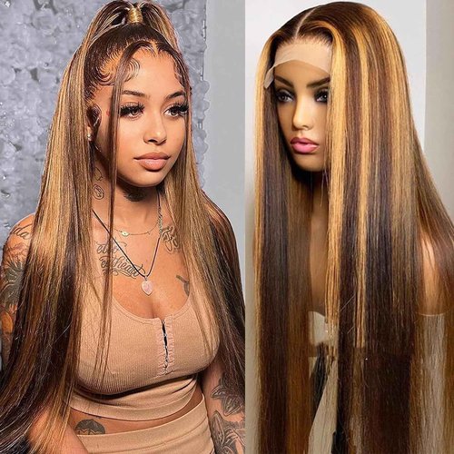 Lemoda Outlet Deals 13x6 Highlight Ombre Lace Front Wig Human Hair 180 Density 22 Inch Straight Transparent Lace Pre Plucked Honey Blonde Human Hair Wigs for Women P4/27 Color