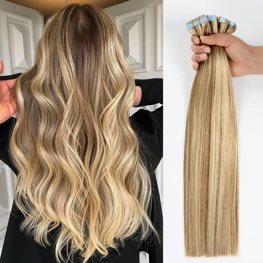 JESSBO Tape in Hair Extensions Human Hair Ash Blonde Highlighted Bleach Blonde 24 inch 20pcs 50g/pack Straight Seamless Skin Weft 100% Real Human Hair (24 Inch #P18/613)