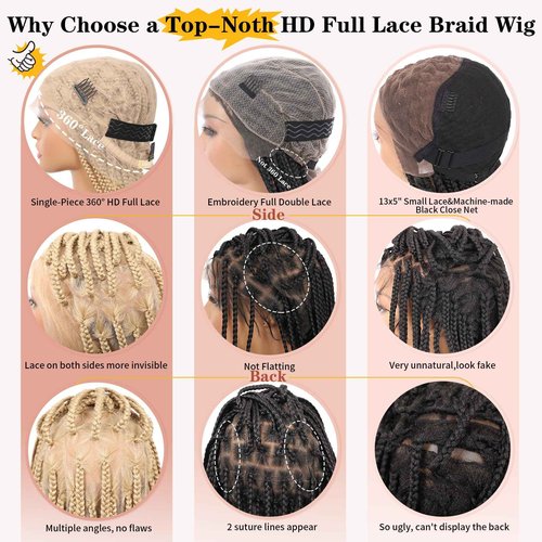 Lexqui 36" 360° HD Full Lace Braided Wigs for Women Box Braid Wig with Baby Hair Handamde Synthetic Hair Triangle Knotless Braided Wigs Natural Braid Lace Front Wig Blonde