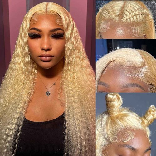 613 Lace Front Wig Human Hair 16A Blonde Wig Human Hair 22 Inch 13x4 HD 613 Deep Wave Lace Front Wig Human Hair Blonde Frontal Wig Deep Wave 613 Wig 180% Density Deep Curly Glueless Wig Pre Plucked