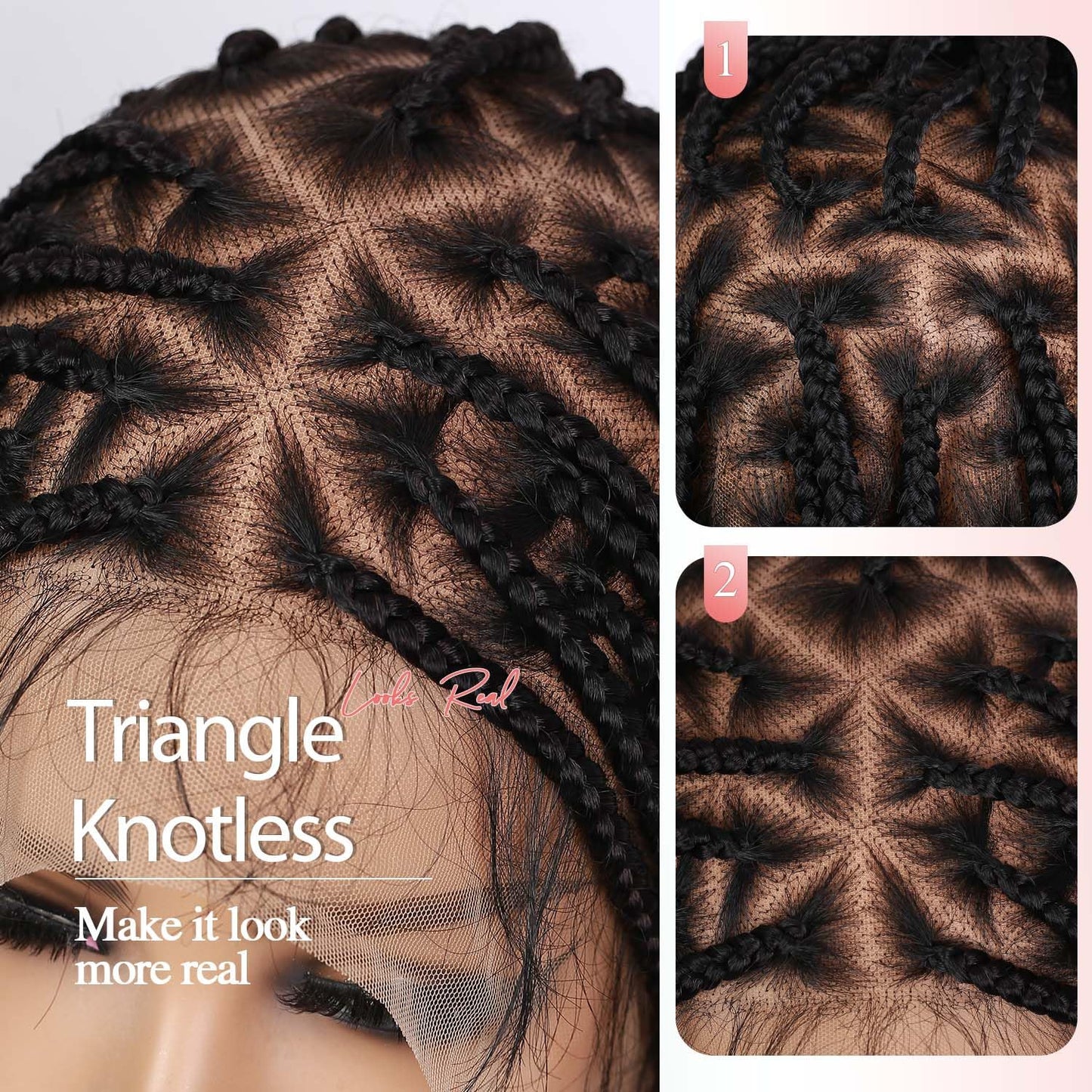 360 Full Lace Knotless Box Braided Wig, Long Black Synthetic Hair, Triangle Lace Front (Black, 34 inches)