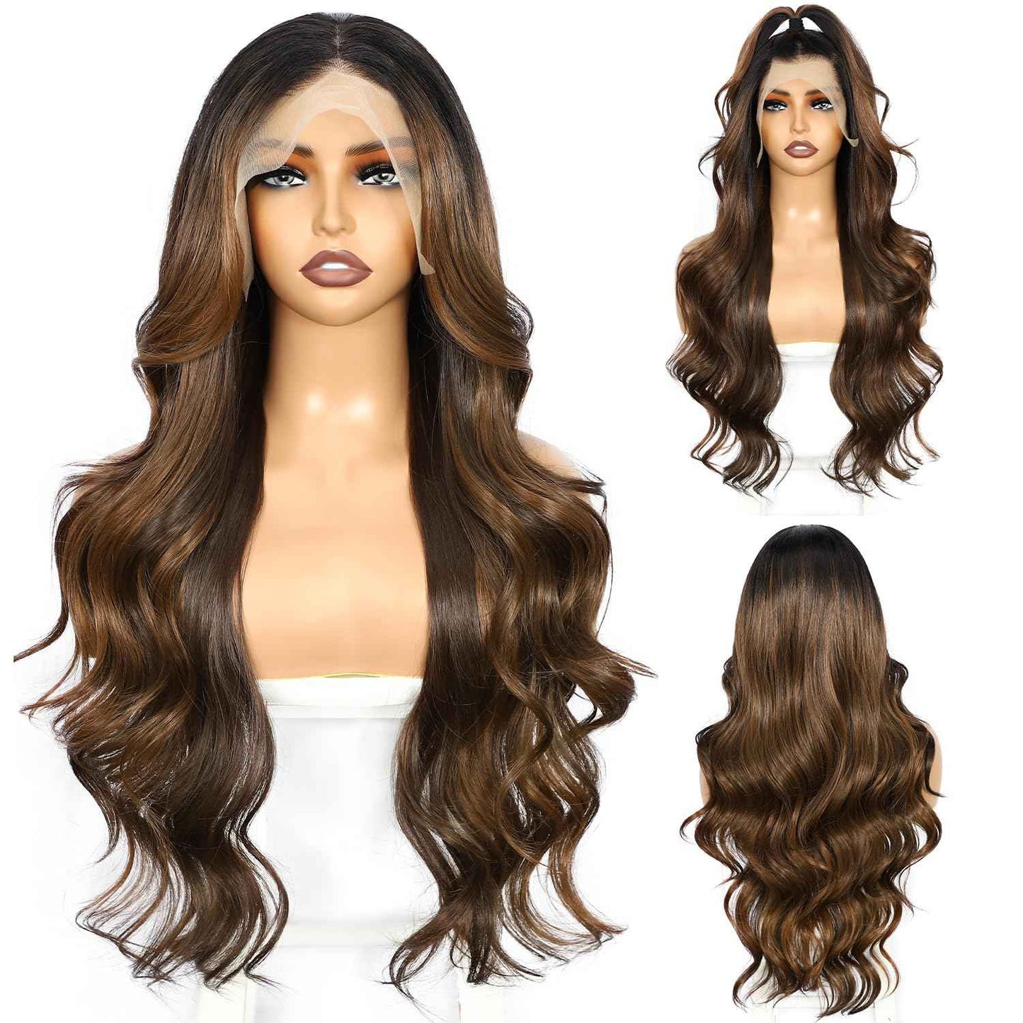 LLEI'Z Ombre Dark Brown Wavy Wig for Women, 13x4 Transparent Lace Front Long Dark Brown Wigs Middle Part Wavy Natural Looking Synthetic Heat Resistant Fiber for Daily Party Use 26 Inch
