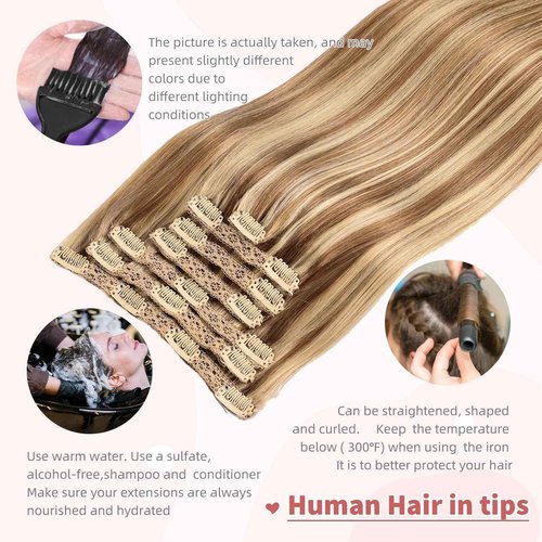 DIYOMO human hair clip in extensions Soft&Natural 120g 7pcs hair extensions real human hair clip insHair Straight&Invisible (18 Inch, 18/613)