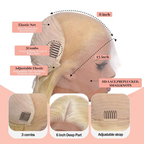 Quiport 613 Lace Front Wig Human Hair 210 Density Blonde Wig Human Hair 613 HD Lace Frontal Wig 13x6 Body Wave HD Lace Front Wigs Human Hair Pre Plucked Glueless Wigs 24 Inch