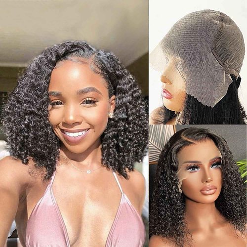 VIULKY 14 Inch Deep Wave Bob Wig Human Hair Glueless 13x6 Lace Front Wigs Human Hair Wigs for Black Women Pre Plucked 200 Density HD Short Curly Lace Frontal Wig Natural Black