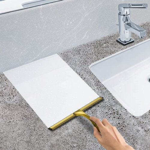 All-Purpose Stainless Steel Shower Squeegee for Shower Doors with 2 Adhesive Hooks, Bathroom Cleaner Tool Household Window Mirror Squeegee for Home Cleaning, Glass Door, Tile Wall, Car, 10 Inch Golden