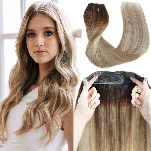 Ugrace Hair Wire Hair Extensions Real Human Hair Balayage Light Brown to Ash Brown and Bleach Blonde 20 inch 100g Transparent Invisible Fish Line Straight Clip in Human Hair Extensions for Women